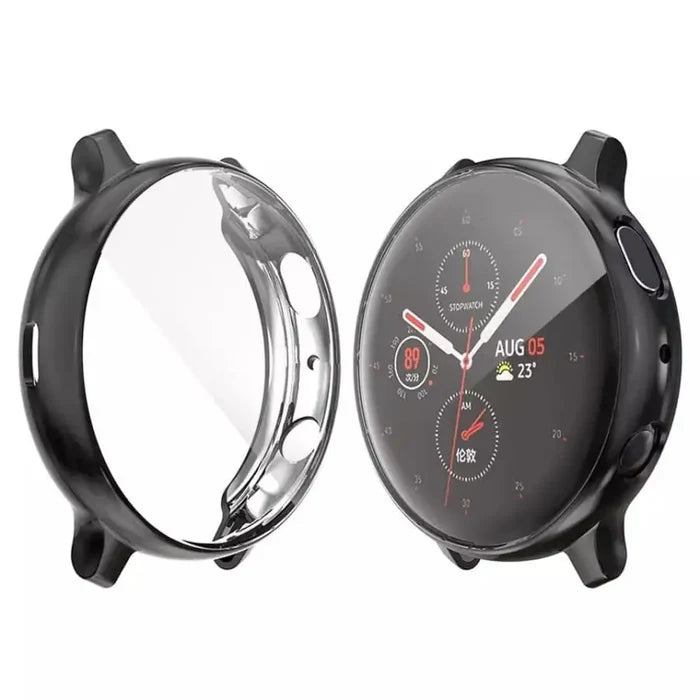 Black Habicare protective case for Samsung Galaxy Watch Active 2 44mm, showing the sleek watch case fitted on the device.