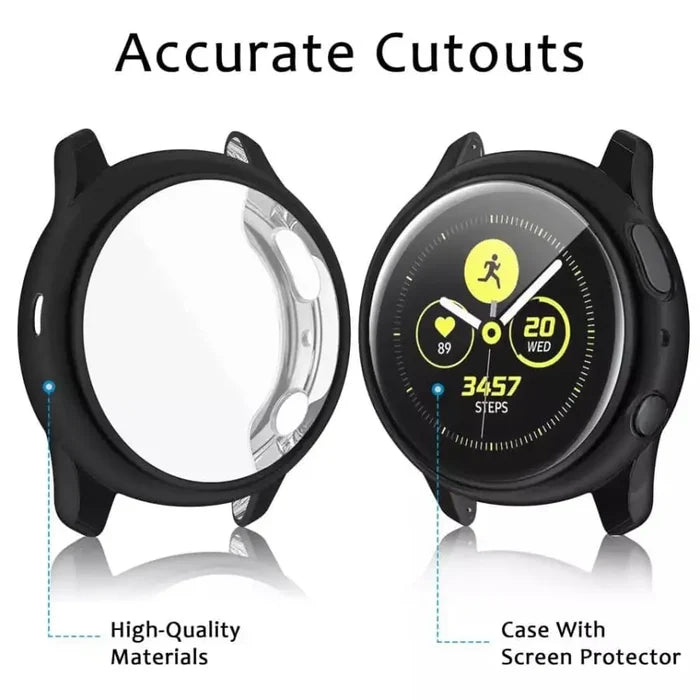 Black Habicare protective case for Samsung Galaxy Watch Active 2 44mm, designed to shield the smartwatch from scratches and impacts.