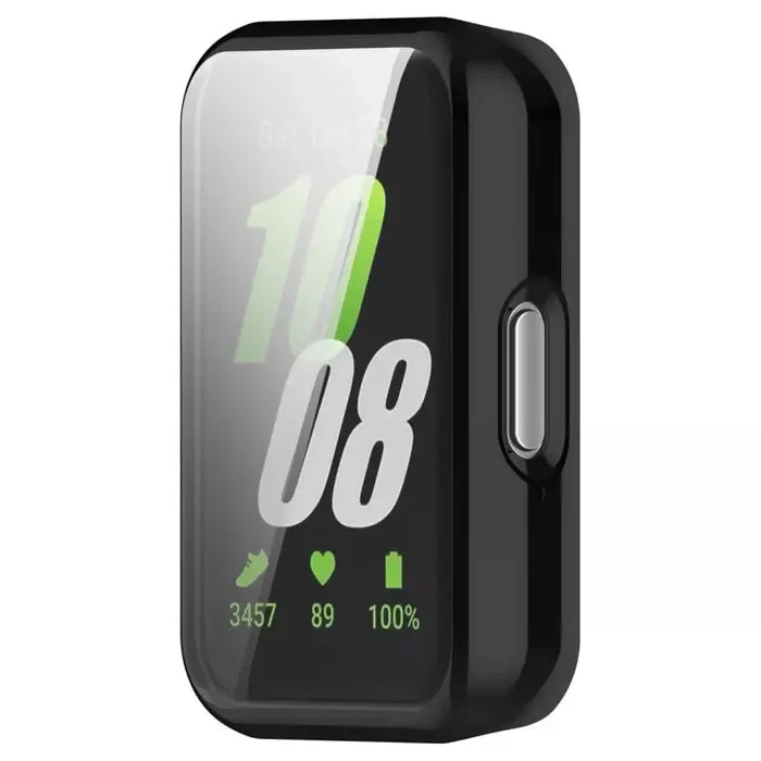 Black Habicare protective case for Samsung Galaxy Watch Fit 3, shown on the watch to showcase durability and fit.