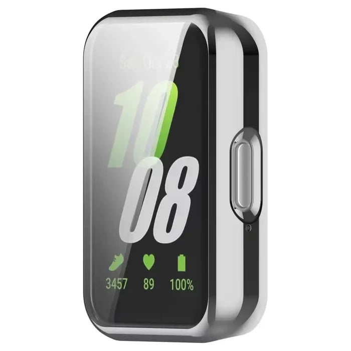 Silver Habicare protective case for Samsung Galaxy Watch Fit 3, showcasing durable material and precise fit around the watch.