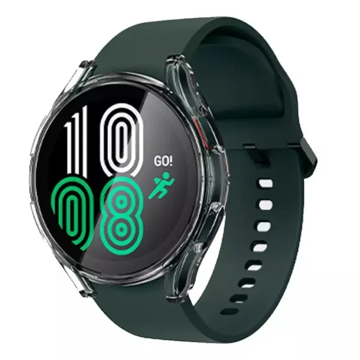 Clear protective case for Samsung Galaxy Watch Gear S2 by Habicare, showing the slim, transparent design fitting the smartwatch.