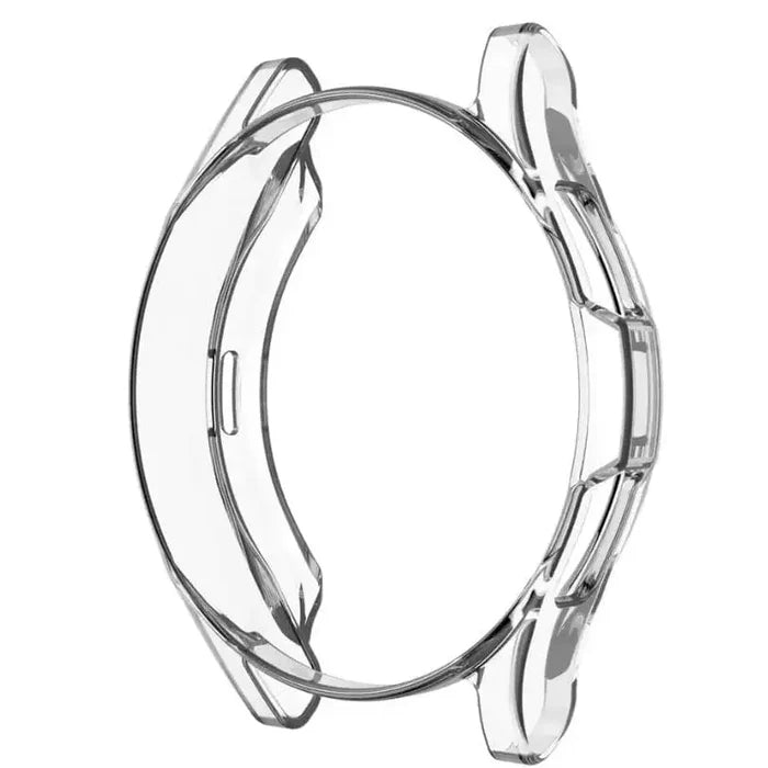 Clear protective case for Samsung Galaxy Watch Gear S2 by Habicare, showing the transparent cover fitted on the watch.