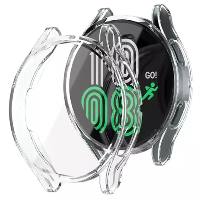 Clear Habicare protective case for Samsung Galaxy Watch Gear S3, showing the transparent watch cover on the device.