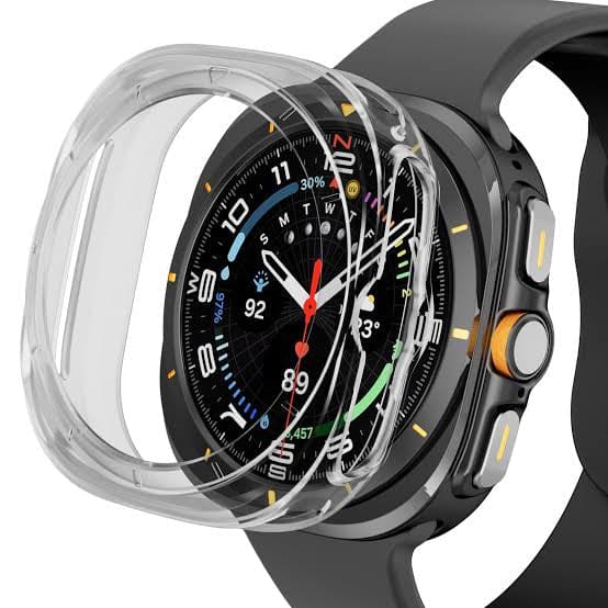 Clear protective case for Samsung Galaxy Watch Ultra 47mm and Watch Ultra 2 2025, made by That Watch Shop, shown on the watch.