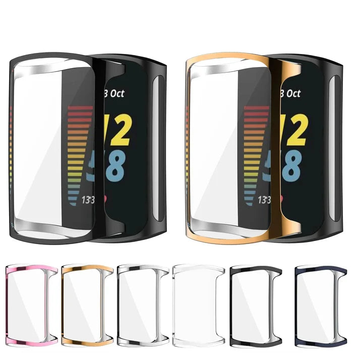 Habicare TWS protective case for Fitbit Charge 5, showing the durable black silicone cover with precise cutouts for buttons and ports.