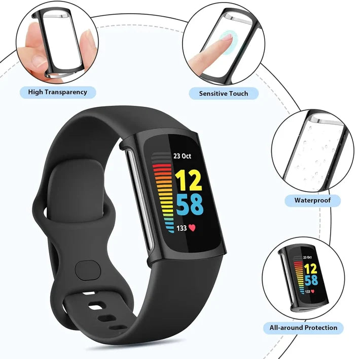 Habicare protective case for Fitbit Charge 5 TWS, showing a sleek black silicone cover on the device.
