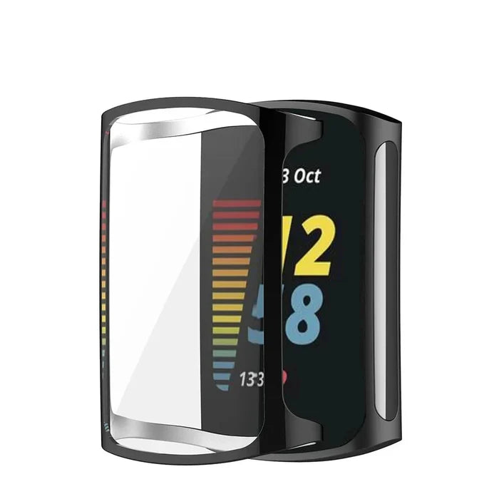 Habicare TWS protective case for Fitbit Charge 5, showing snug-fit black silicone cover with precise cutouts for buttons and ports.