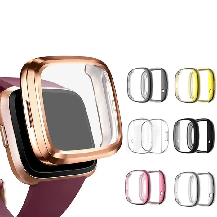 Habicare Fitbit Versa 4 protective case in five colors, TWS style, showing vibrant silicone covers on the smartwatch.