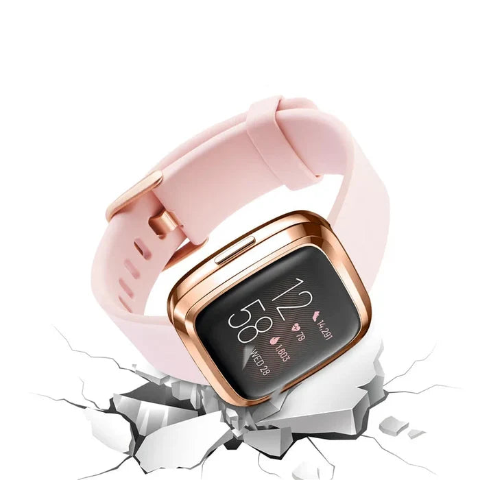 Habicare protective case for Fitbit Versa 4 in five colors, made from durable TWS material, shown on a smartwatch.