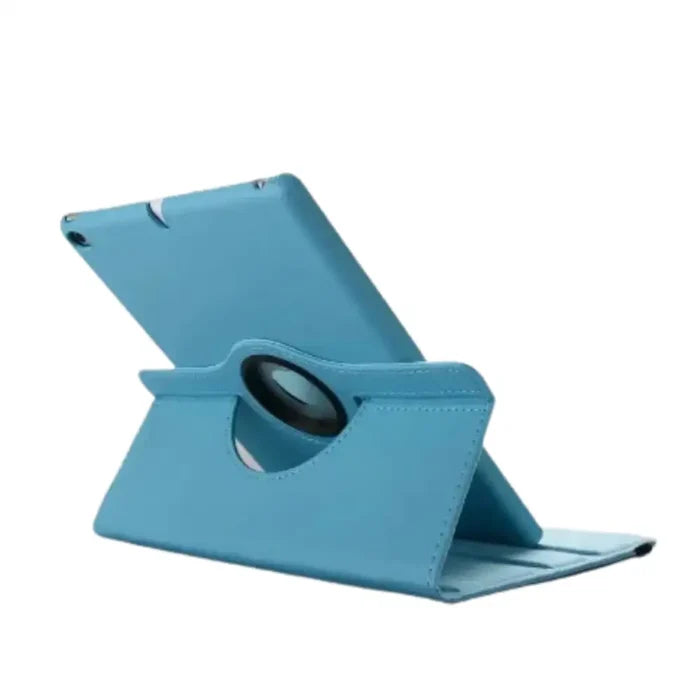 Sky blue 9eight5 protective stand case for iPad series by Habicare, featuring a sturdy design and adjustable stand for easy viewing.