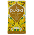 Packaging of Pukka Lemon, ginger & manuka honey herbal tea with 20 sachets, featuring a yellow and green color scheme with images of lemons and ginger.