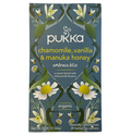 Packaging of Pukka Chamomile, Vanilla & Manuka Honey tea with floral designs and product information.