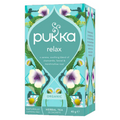 Blue paper box of Pukka's organic Relax tea with floral designs