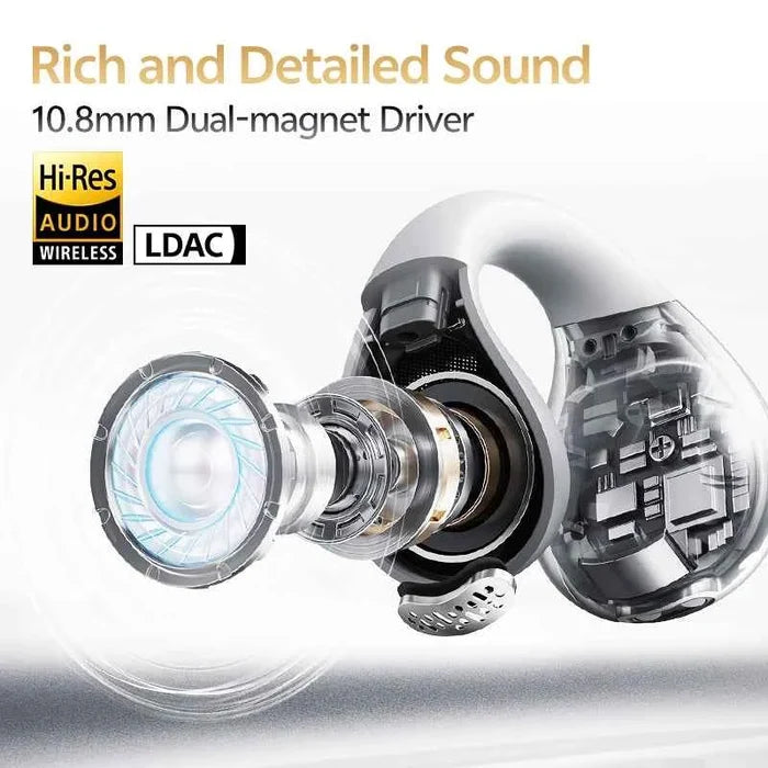 QCY C30S open ear Bluetooth headphones with LDAC wireless tech and 40-hour playtime, shown in black with sleek design