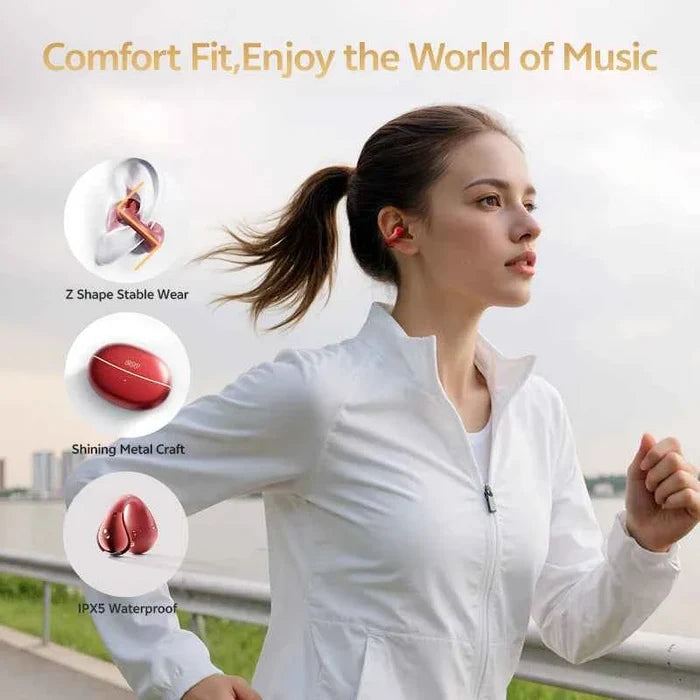 QCY C30S open ear Bluetooth headphones with LDAC wireless tech and 40-hour playtime, shown with sleek design and open ear fit.
