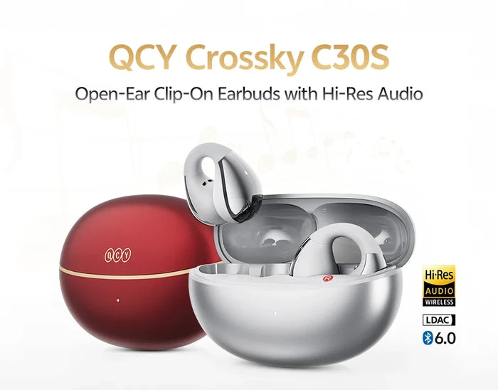 QCY C30S open ear Bluetooth headphones with LDAC wireless tech and 40-hour playtime, shown with ear hooks and sleek design