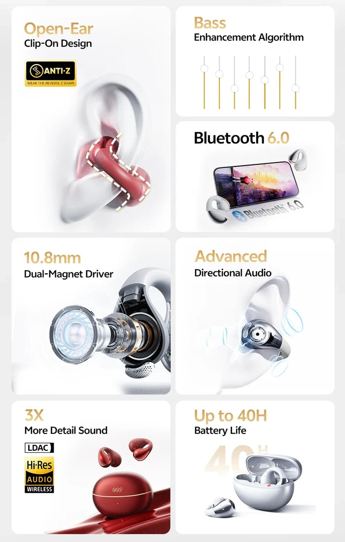 QCY C30S open ear Bluetooth headphones with LDAC wireless tech and 40-hour playtime, shown on a white background.