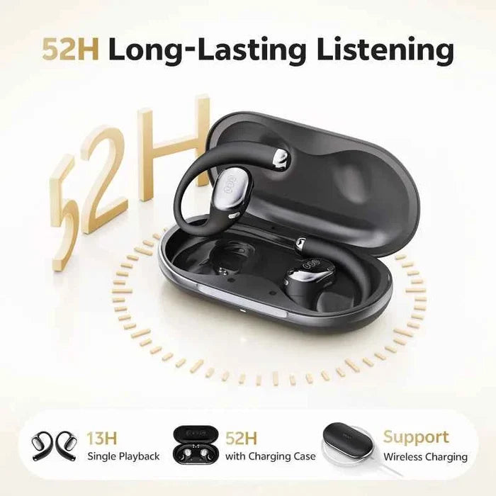 QCY Crossky R70 wireless open-ear Bluetooth headphones with earhooks and bass boost, featuring Hi-Res audio for immersive sound.