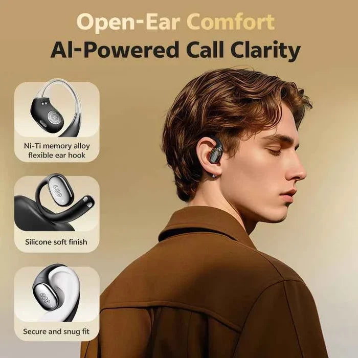 QCY Crossky R70 wireless open-ear headphones with earhooks, Bluetooth 6.0, bass boost, and hi-res audio quality.
