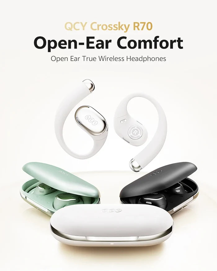 QCY Crossky R70 wireless headphones with open-ear design, Bluetooth 6.0, earhooks, and bass boost features.
