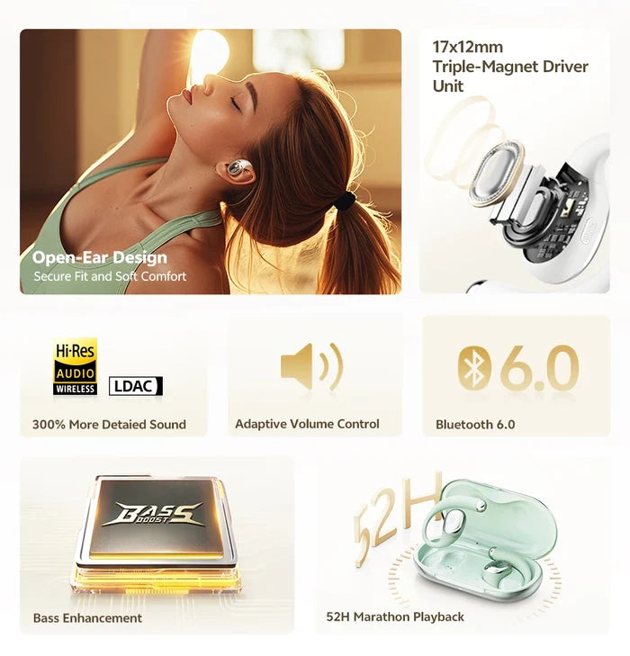 QCY Crossky R70 wireless open-ear headphones with Bluetooth 6.0, earhooks, bass boost, and Hi-Res audio for immersive sound.