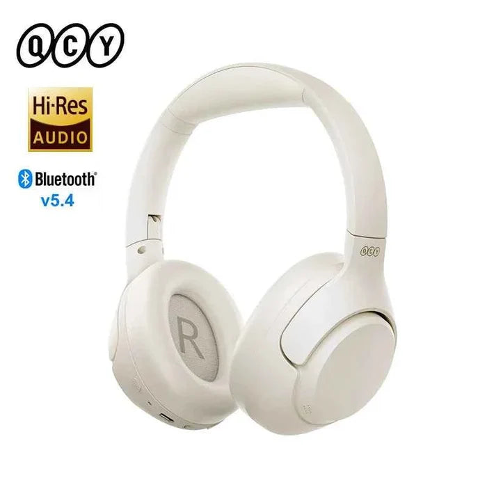 QCY H3 ANC wireless headphones with black earbuds, showing the compact design and noise cancellation features.