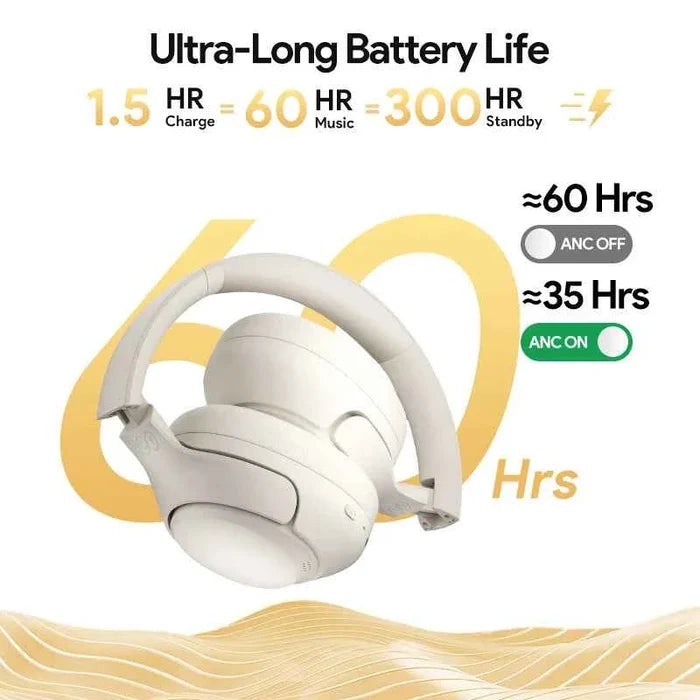QCY H3 wireless headphones with active noise cancellation, sleek design, and 60-hour battery life shown in the image.