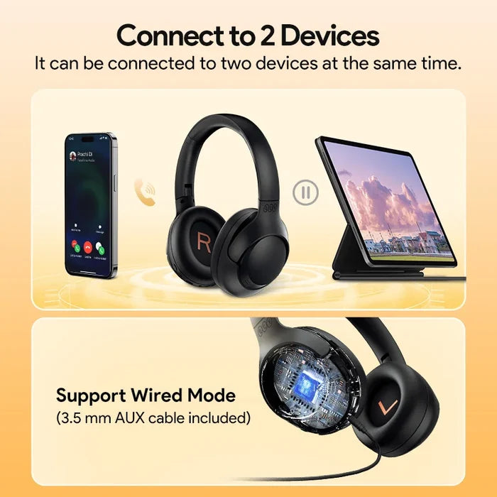 QCY H3 wireless headphones with active noise cancellation, in-ear design, and 60-hour battery life, shown with black earbuds.