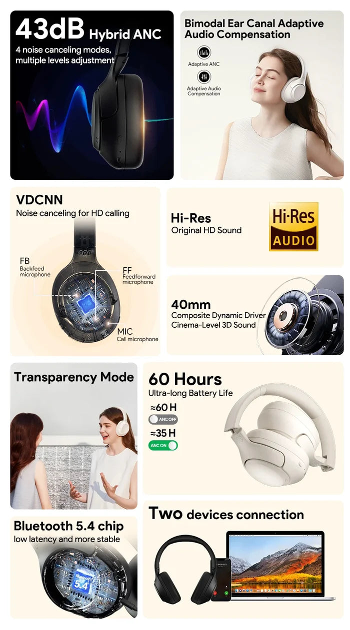 QCY H3 ANC wireless headphones with hybrid noise cancellation and 60-hour playtime, shown in black with ear cushions and controls.