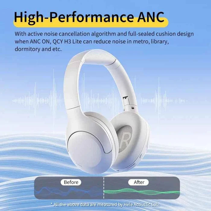 QCY H3 Lite ANC wireless headphones with Bluetooth 5.3, 40mm drivers, and HiFi sound, shown with ear cups and headband.