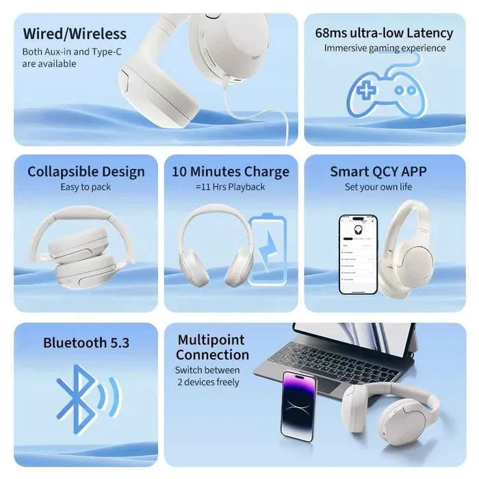 QCY H3 Lite ANC wireless headphones with Bluetooth 5.3, 40mm drivers, and 60-hour HiFi sound in black, over-ear design