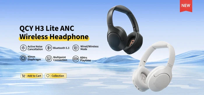 QCY H3 Lite ANC wireless headphones with Bluetooth 5.3, 40mm driver, and 60-hour HiFi sound output.