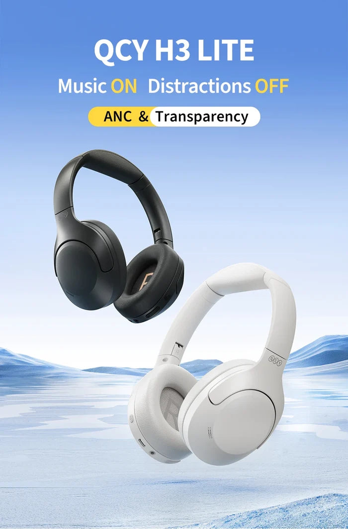QCY H3 Lite ANC wireless headphones with Bluetooth 5.3, 40mm drivers, and sleek design, showcasing the headphones on a white background.