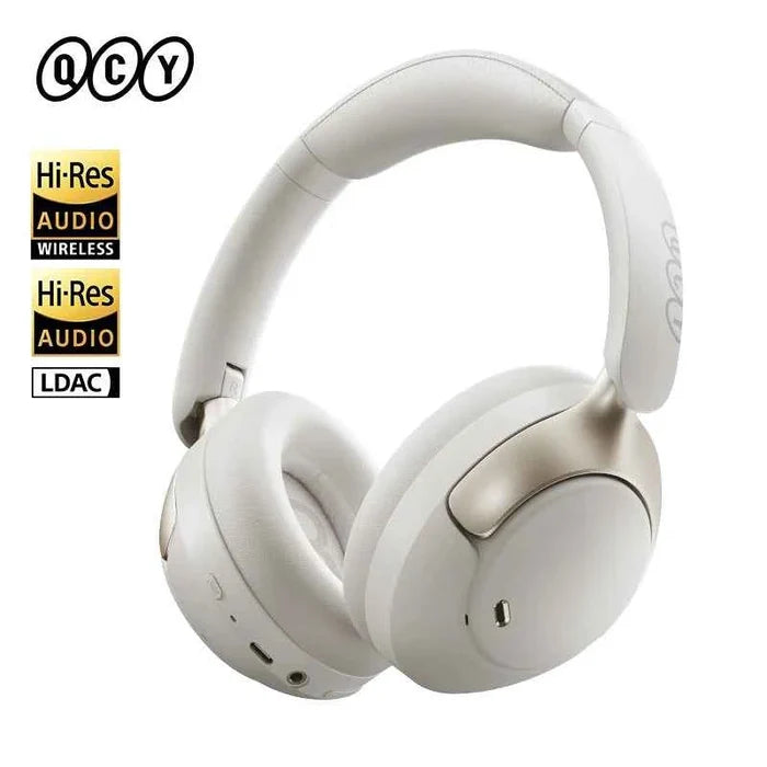 QCY H3 PRO ANC Bluetooth headphones with active noise cancelling and 55-hour playtime, shown with ear tips and control buttons.