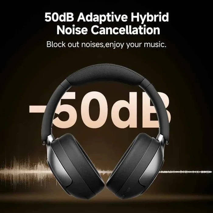 QCY H3 PRO ANC Bluetooth headphones with active noise cancelling and 55-hour playtime, shown in a sleek black design.