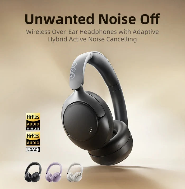 QCY H3 PRO ANC Bluetooth headphones with active noise cancelling and 55-hour playtime, shown with ear tips and controls.