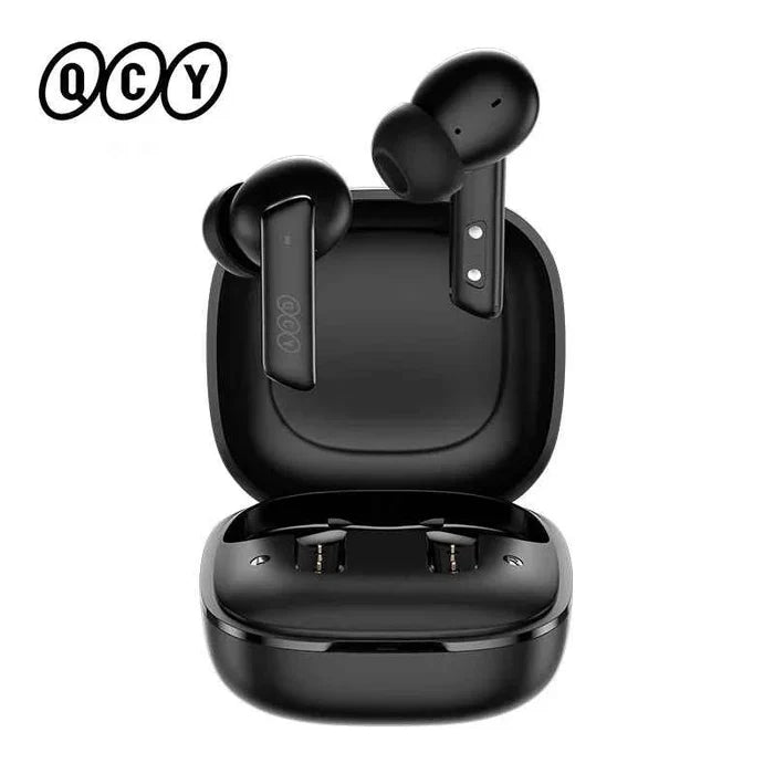 QCY HT05 ANC wireless earbuds with in-ear design, TWS Bluetooth 5.2, active noise cancellation, and built-in microphones.
