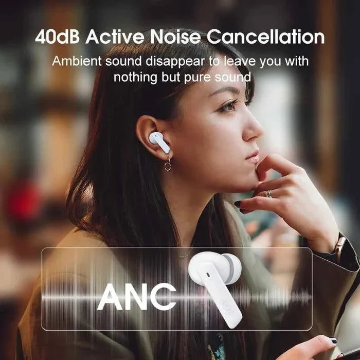 QCY HT05 ANC wireless earphones with Bluetooth 5.2, in-ear design, active noise cancellation, and built-in microphones.