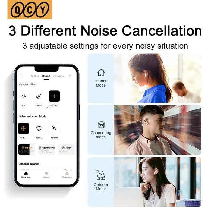 QCY HT05 ANC wireless earbuds with TWS Bluetooth 5.2, active noise cancellation, in-ear microphones, black in-ear earphones.