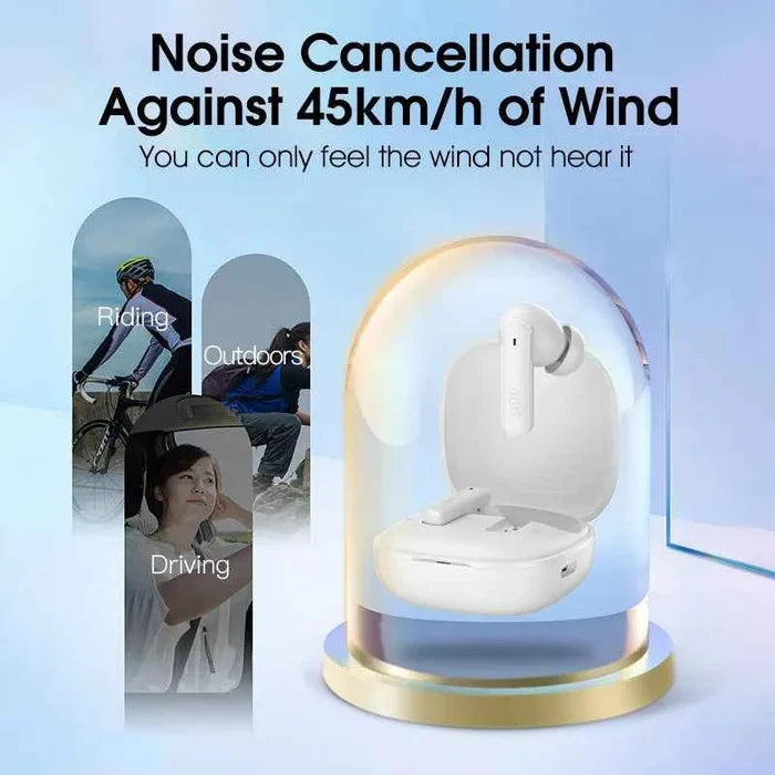 QCY HT05 ANC wireless earbuds with in-ear design, Bluetooth 5.2, and active noise cancellation in black color.