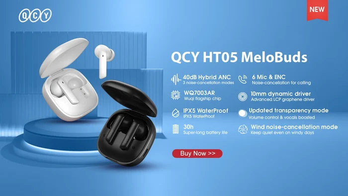 QCY HT05 ANC wireless earbuds with TWS Bluetooth 5.2, active noise cancellation, in-ear microphones, black in-ear earphones