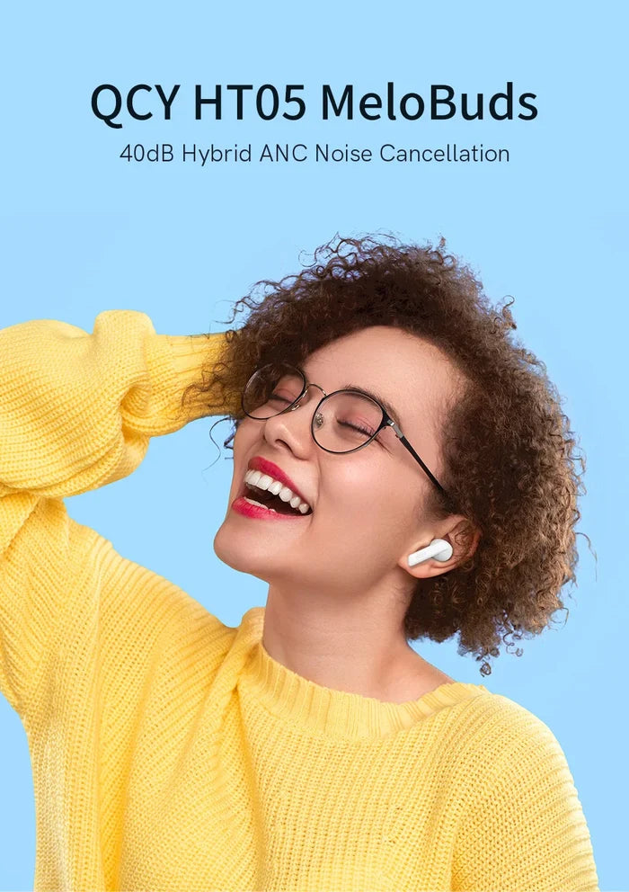 QCY HT05 ANC wireless earbuds with Bluetooth 5.2, in-ear design, and active noise cancellation, shown in charging case.