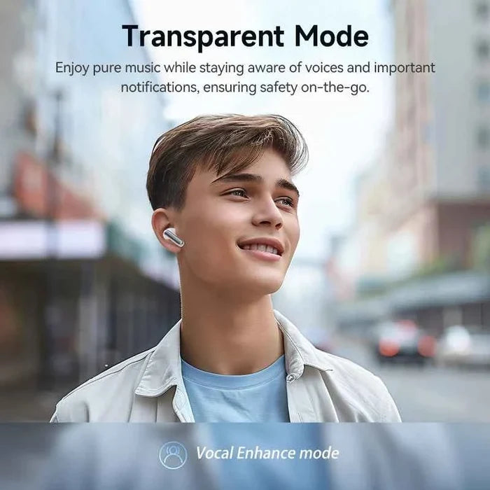 QCY Melobuds N50 ANC earphones with Bluetooth 5.4, dual connection, 6 microphones, AI call noise cancellation, in black.