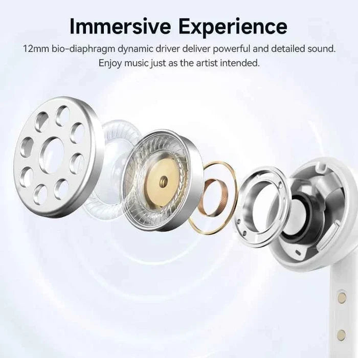 QCY Melobuds N50 ANC earphones with dual microphones, Bluetooth 5.4, AI call noise cancellation, and sleek in-ear design.