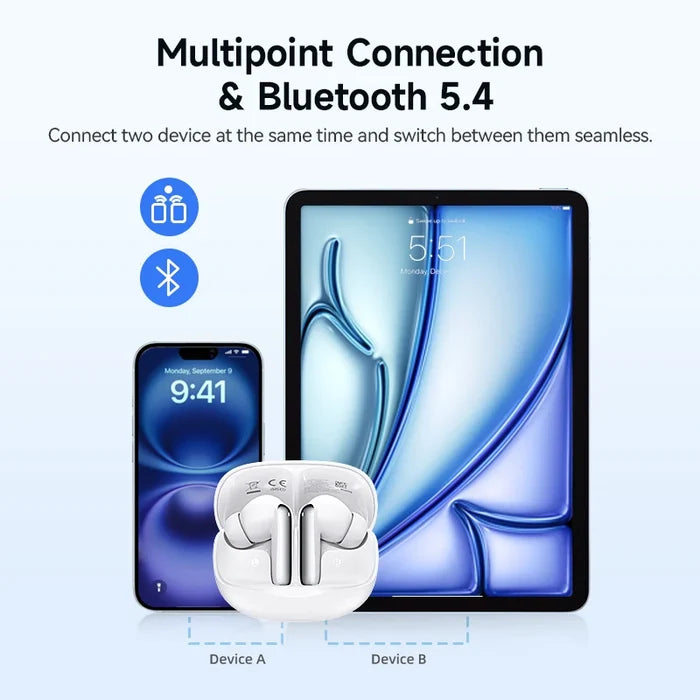 QCY Melobuds N50 ANC earphones with Bluetooth 5.4, 6 microphones, AI call noise cancellation, and dual connection.