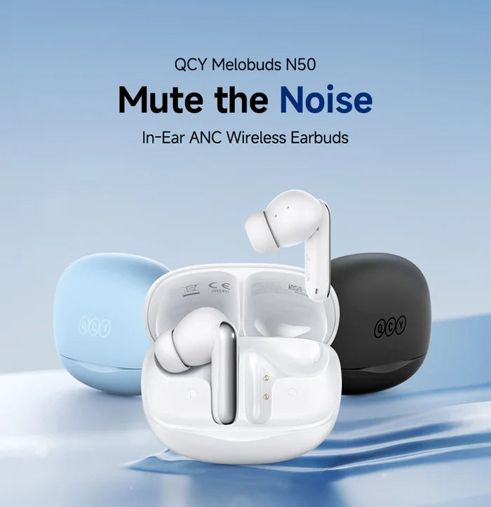QCY Melobuds N50 ANC earphones with dual microphones, AI noise cancellation, Bluetooth 5.4, in-ear design, black color