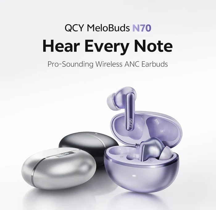 QCY MeloBuds N70 wireless earphones with hybrid adaptive ANC, Hi-Res sound, and 50-hour battery life, shown in white.