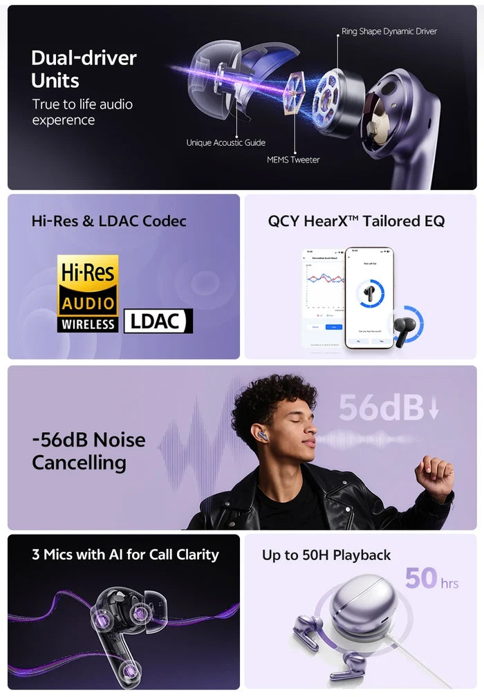 QCY MeloBuds N70 wireless earphones with hybrid adaptive ANC, Hi-Res sound, and 50-hour battery life, shown in the image.