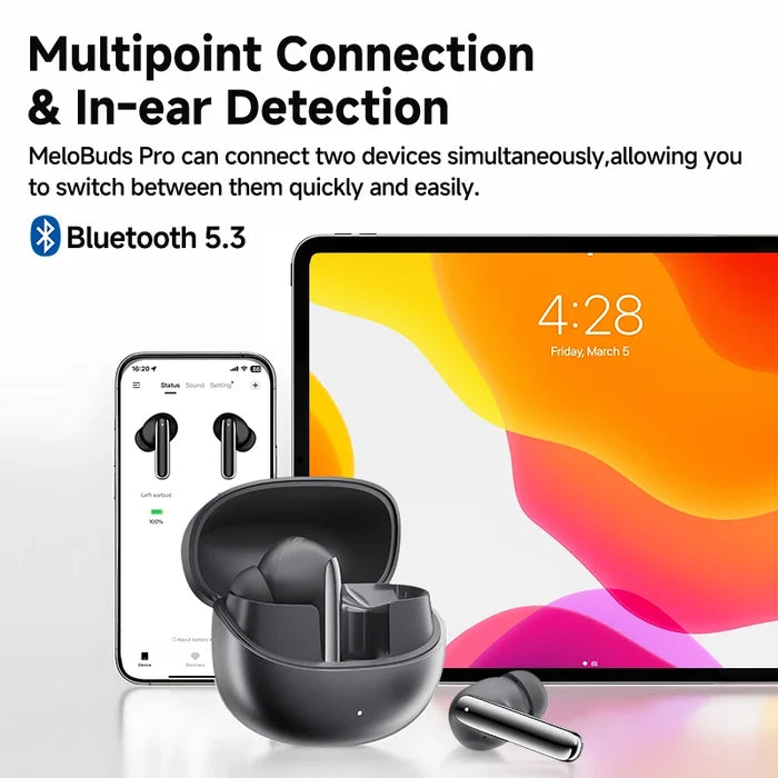 QCY MeloBuds Pro ANC earphones with 46dB hybrid noise cancellation, multiple microphones, Hi-Res LDAC, and 34-hour battery life.