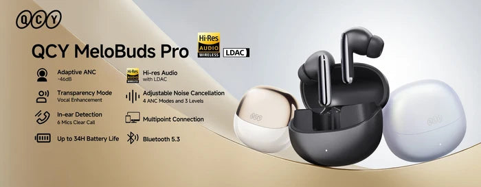 QCY MeloBuds Pro ANC earphones with 46dB hybrid noise cancellation, 6 microphones, Hi-Res LDAC, and 34-hour playtime.